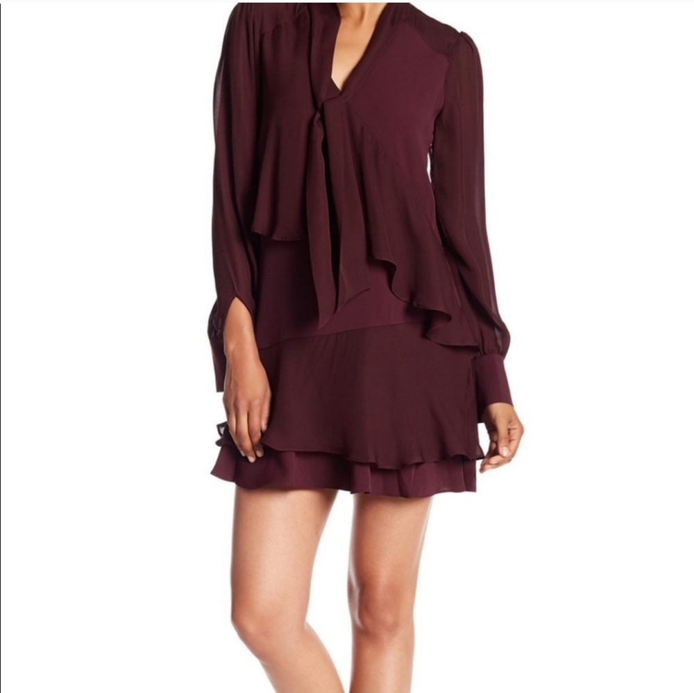 Parker Silk Kenji Ruffle Long Sleeve Dress Burgundy Maroon M
